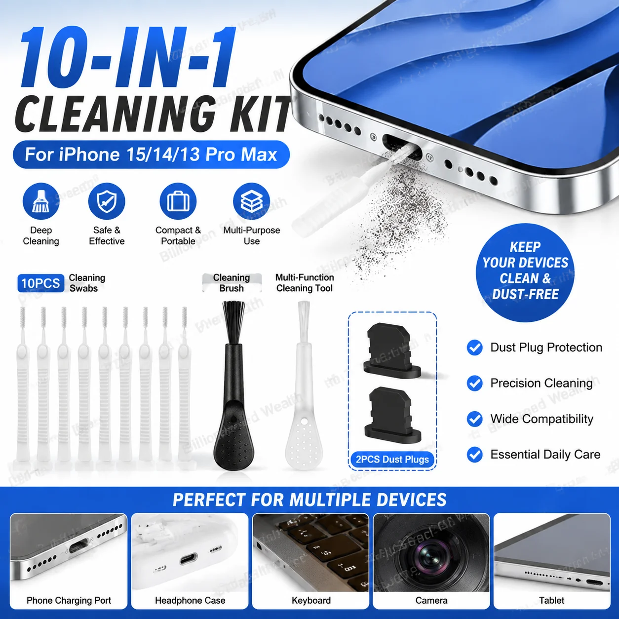 Kit de Limpeza para Remoção de Plugue de Poeira da Porta de Carregamento de Celular para iPhone 15 14 13 Pro Max e Escova de Limpeza à Prova de Poeira para Teclado de Computador
