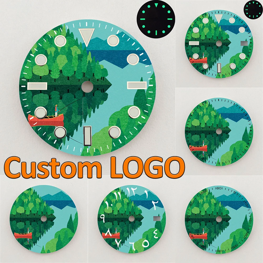 28.5mm NH35 Dial Lake Forest Canoe Scenery Dial Luminous Dial NH36 Dial Watch Accessories Fits NH35/NH36 Movement Custom LOGO