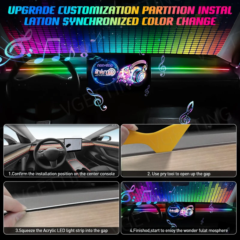 6in1 Interior LED Ambient Lights For Tesla Model 3 Y S X Full Color RGB LED 110/140CM USB APP Control Remote Acrylic Atmosphere