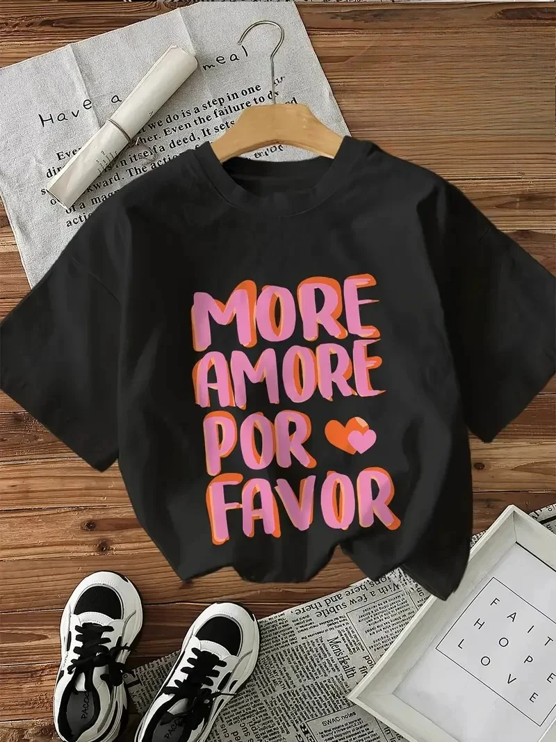 MORE AMORE POR FAVOR Graphic Print with Hearts T-Shirts Female T Shirts Tees Tops Women Clothing Ladies Tshirts