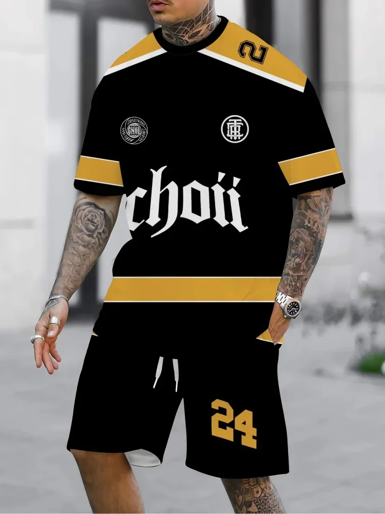 Fashionable 3D printed No.24 pattern men's short sleeved shirt men's breathable street fashion T-shirt set