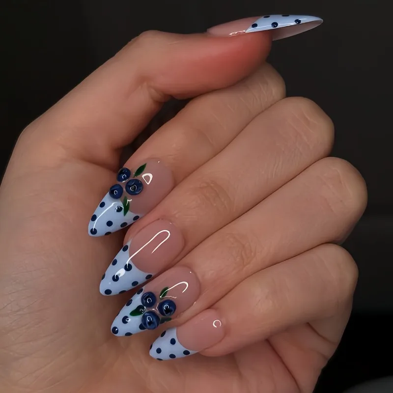 

24PCS Blue Dot French Press on False Nails with Glue Simple Cute Blueberry Almond Fake Nails for Women Summer Ins Acrylic Nails
