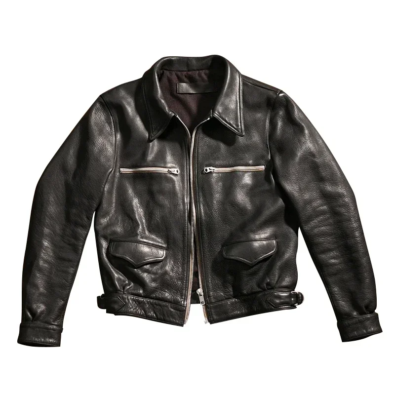 Genuine Leather Jacket Men Vintage 1.6 Thick Full-grain Top Layer Cowhide Lapel Short Jacket Multi-pocket Men's Leather Jacket F