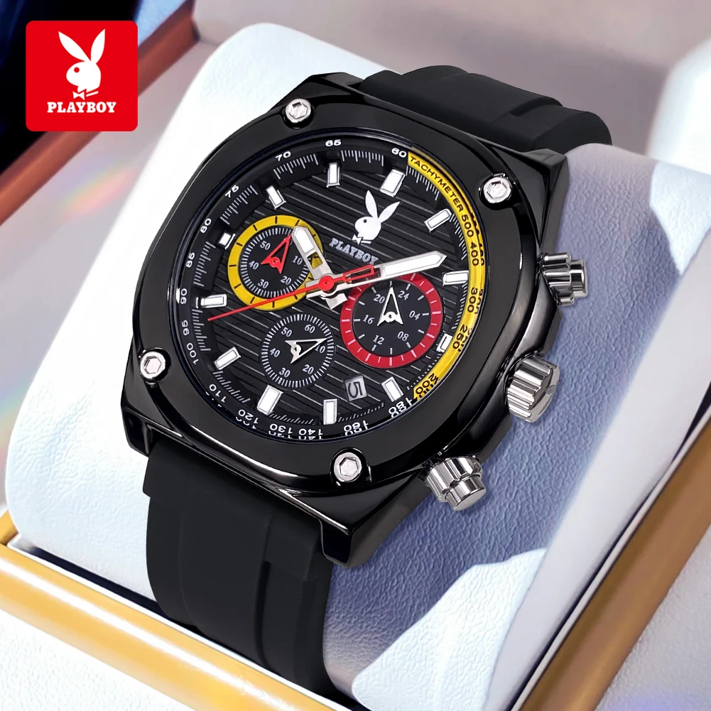 PLAYBOY Luxury Watches Man Multifunctional Automatic Mechanical Watch Silicone Strap Waterproof Casual Date Watches For Man 3060