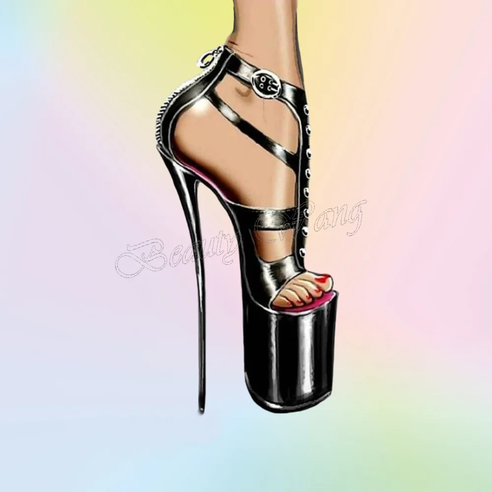 

Black Back Zipper Sandals T Strp Ankle Buckle Decor Platform Heels Round Toe High Heel Shoes for Women 2024 Zapatillas Mujer