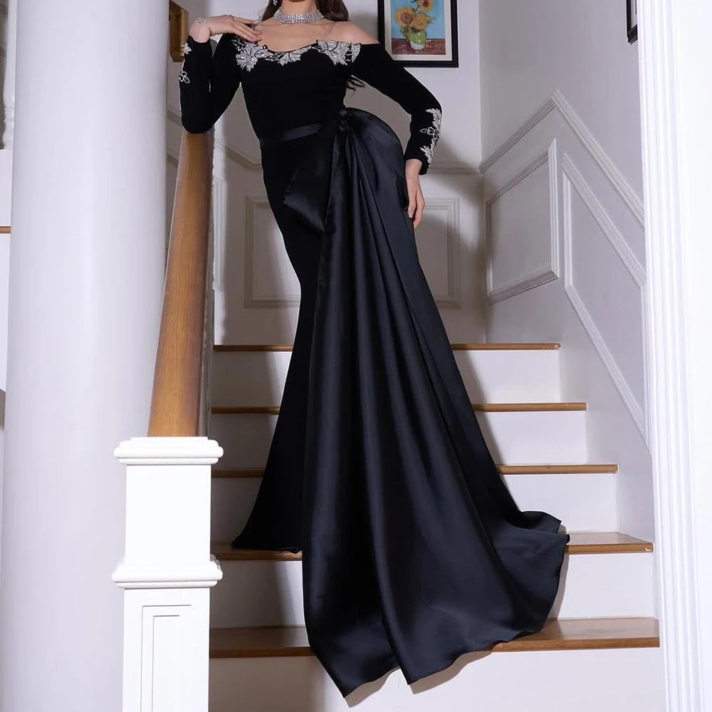 

Customized A-line Evening Dresses Floor-length One-shoulder Full Sleeve Prom Gown Fashion Sequined Flowers Backless Party Gown