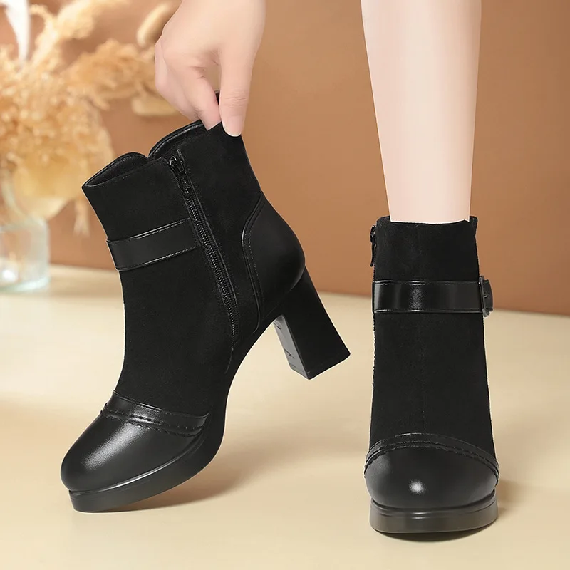 

7cm 9cm Elegant Block High Heels Boots Winter Warm Fur Shoes 2025 Women's Soft Leather Butterfly Buckle Motorcycle Boots Office