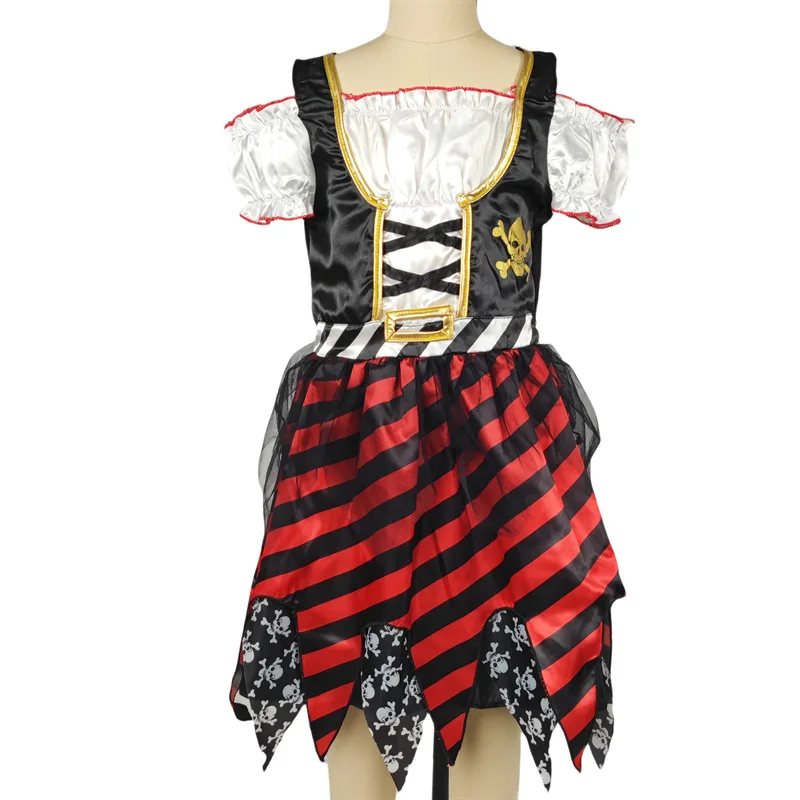 Kids Pirate Costume for Girls Halloween Cosplay Dress with Hat and Eye Patch Skull Print Striped Tutu Dress for Carnival