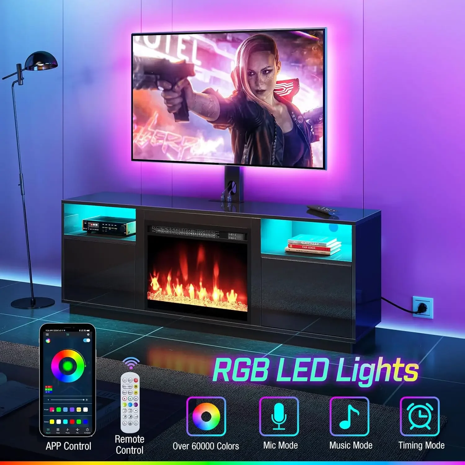 Kamin-TV-Ständer mit LED-Leuchten und Steckdosen, Entertainment-Center mit elektrischem Kamin, drehbarer TV-Ständer