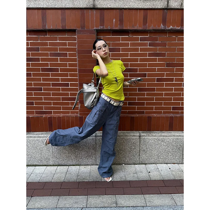 Benuynffy American Retro Multi Pocket Cargo Pants Women 2026 Summer New Y2k Streetwear Mid Waisted Loose Straight Leg Pants