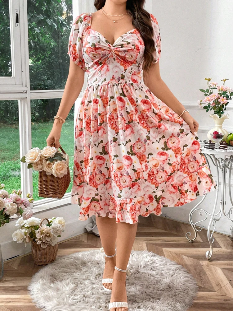 فستان نسائي صيفي مقاس كبير مطبوع عليه زهور رومانسي للعطلات، تنورة ماكسي كاجوال أنيقة لقضاء العطلات #1
