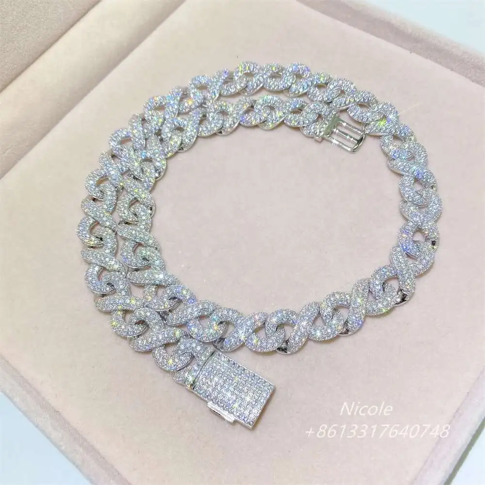 Luxury Luxury Custom Bling Fully Diamonds Iced Out Miami Sterling Silver 925 18mm Moissanite Cuban Link Chain Necklace.