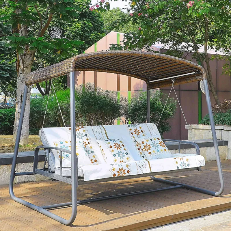 for Swing Outdoor Garden Rattan Aluminum Alloy Hanging Chair Rocking Chair with Solar Light for Terrace Balcony Four