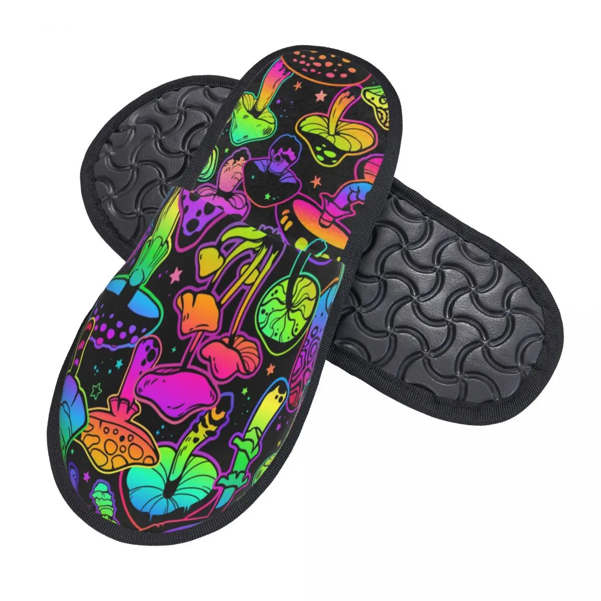 Winter Women Men Non-Slip Flat Slippers Psychedelic Mushrooms Print Indoor Fur Soft Warm Shoes