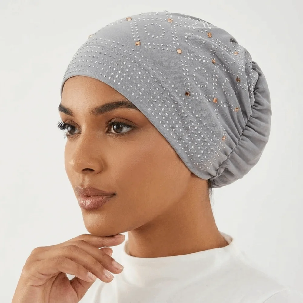 Fashion Rhinestone Turban Hat Shiny Elastic Indian Headscarf Scalloped Edge Head Cover Headwrap Cap Ethnic Festival