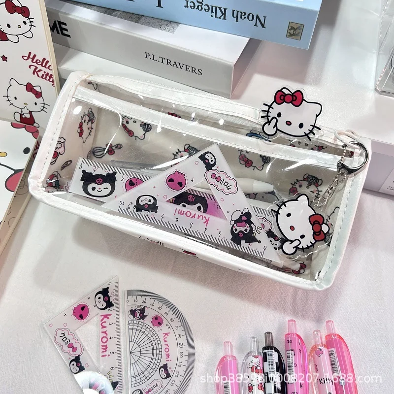 

Sanrio Hello Kitty Makeup Bag Girl Cartoon Cute KT Stationery Storage Pen Bag Multi-layer Large Capacity Translucent Makeup Bag