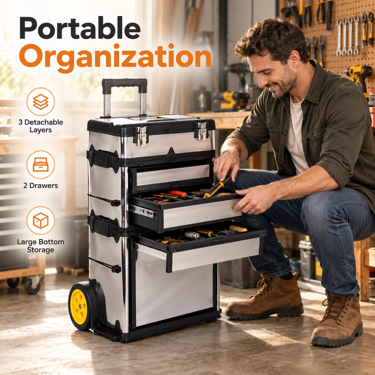 AOLIVIYA Rolling Tool Box With Wheels Portable Tool Chest 3 Tier Detachable Tool Storage Cabinet With Drawers For Garage