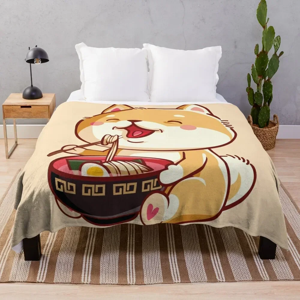 Cute shiba inu eating ramen, kawaii Throw Blanket Plush Flannels Luxury Throw Blankets