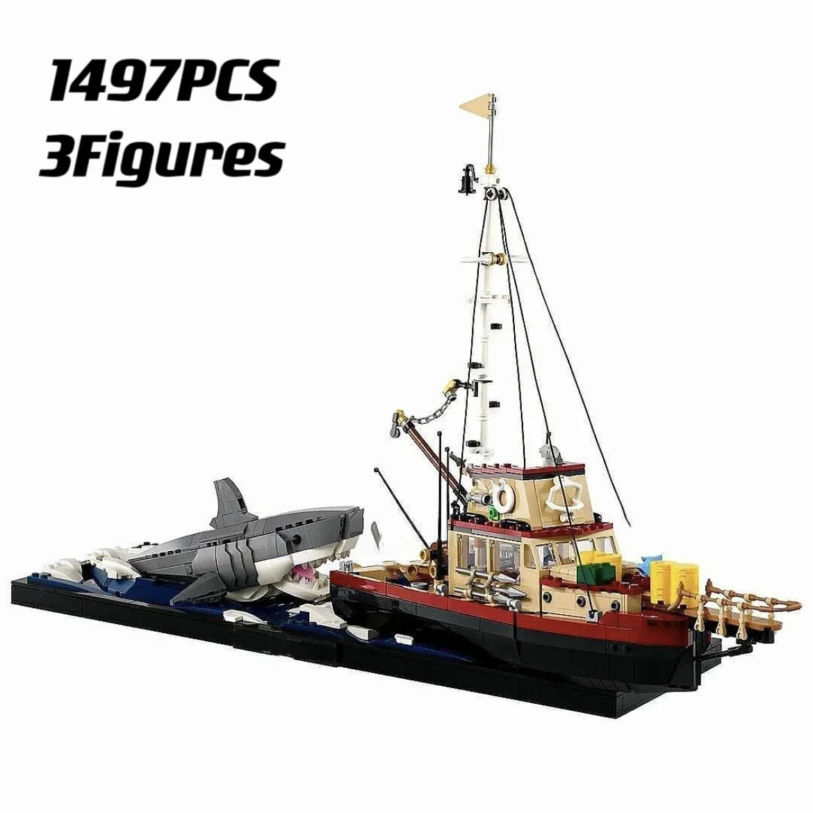 2024 New Ideas 21350 Jaws Diorama Boat Shark Pirate Ship Building Blocks Fishing Boat Model Bricks Toys Birthday Gift For Kids