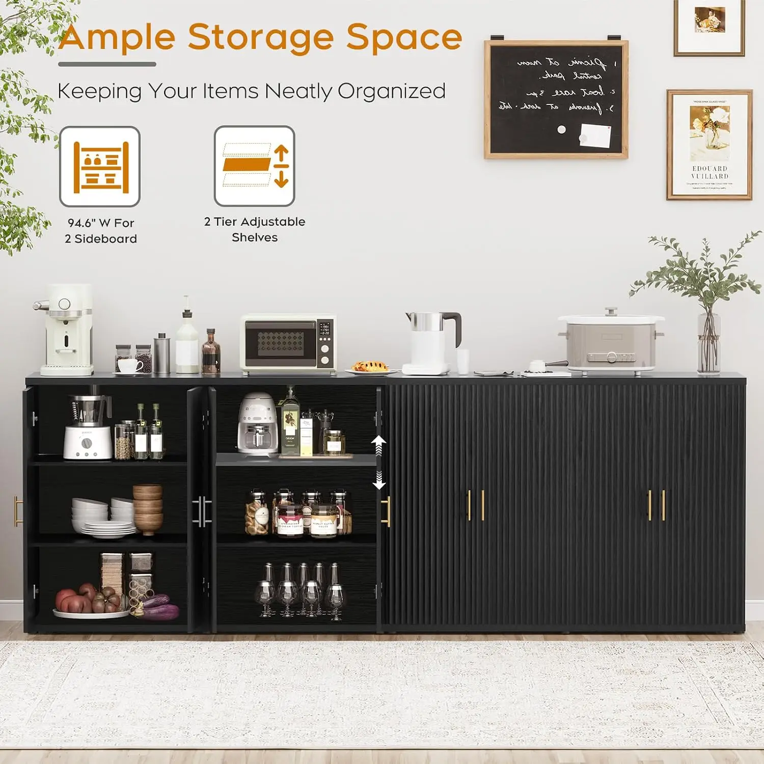 94.6" Black Fluted Sideboard Buffet Cabinet with Storage and 8 Doors, Mordern Credenza Storage Cabinet with Adjustable Shelves, image 4