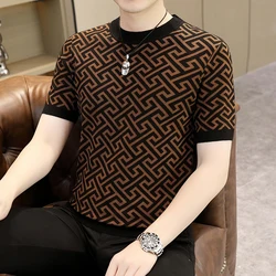 Luxury Round Neck T-shirt Men High Elasticity Slim Fit Casual Short Sleeved Tshirts Retro Knitted Jacquard Tee Tops Men Clothing
