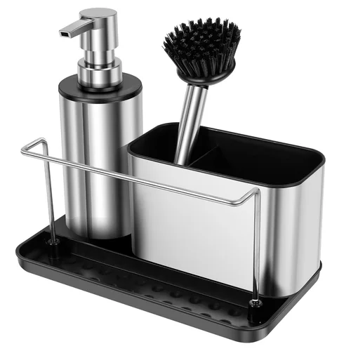 Juego de bomba dispensadora de jabón 3 en 1 con cepillo, soporte para esponja, toallero, fregadero de cocina, dispensador de detergente, almacenamiento de herramientas de limpieza