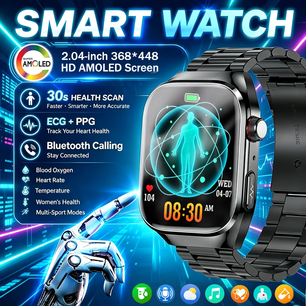 Nuovo Smartwatch 2026 con ECG+PPG Grado Infermieristico, Schermo HD da 2,01'', Chiamate Bluetooth, Monitoraggio Frequenza Cardiaca, Livelli di Colesterolo nel Sangue, Acido Urico, Monitoraggio Salute,