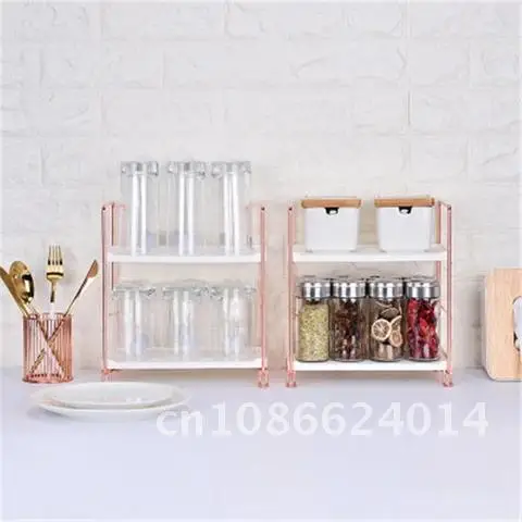 

Nordic Rose Gold Stackable Desktop Iron Shelf 2/3 Tiers Multifunctional Kitchen Bathroom Seasoning Storage Rack