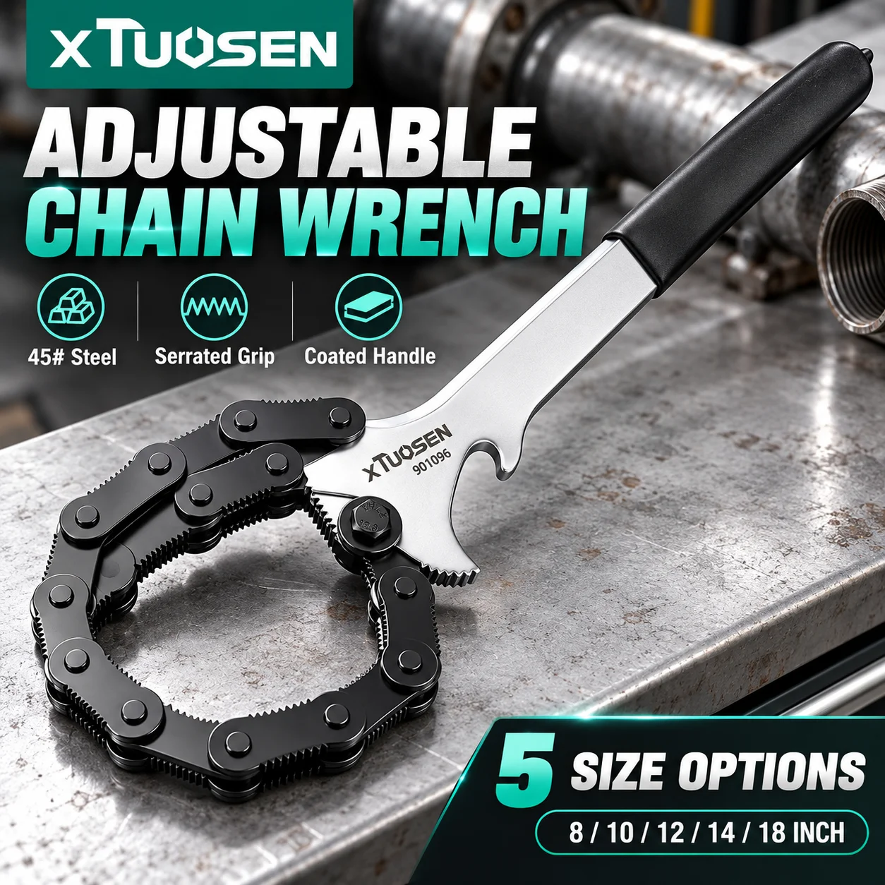 XTUOSEN Adjustable Chain Pipe Wrench 8/10/12/14/18 Inch Steel Oil Filter Removal Tool with Coated Handle