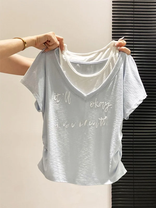 Summer New Style Women's T-shirt Letter Print Short Sleeve V-neck Splice Fake Two-Piece High-waist Breathable UV Protection
