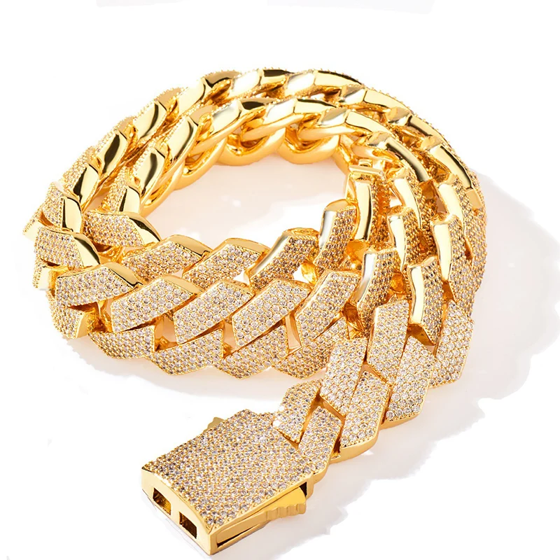 Hip Hop 4 Rows 5A+ CZ Stone Bling Iced Out 20mm Big Heavy Solid Rhombus Cuban Link Chain Necklace for Men Rapper Jewelry