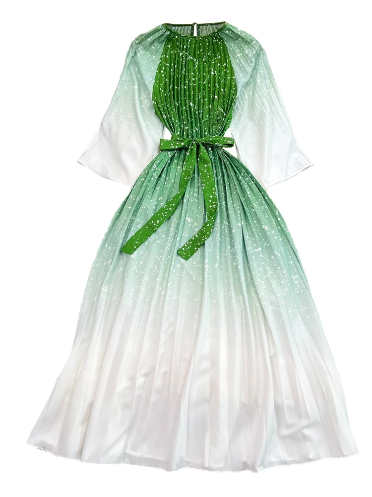 夏らしいヴィンテージ風スリムフィットAラインミディ丈ワンピース レディース ラウンドネック 七分袖 ツートンカラー プリーツワンピース 韓国風