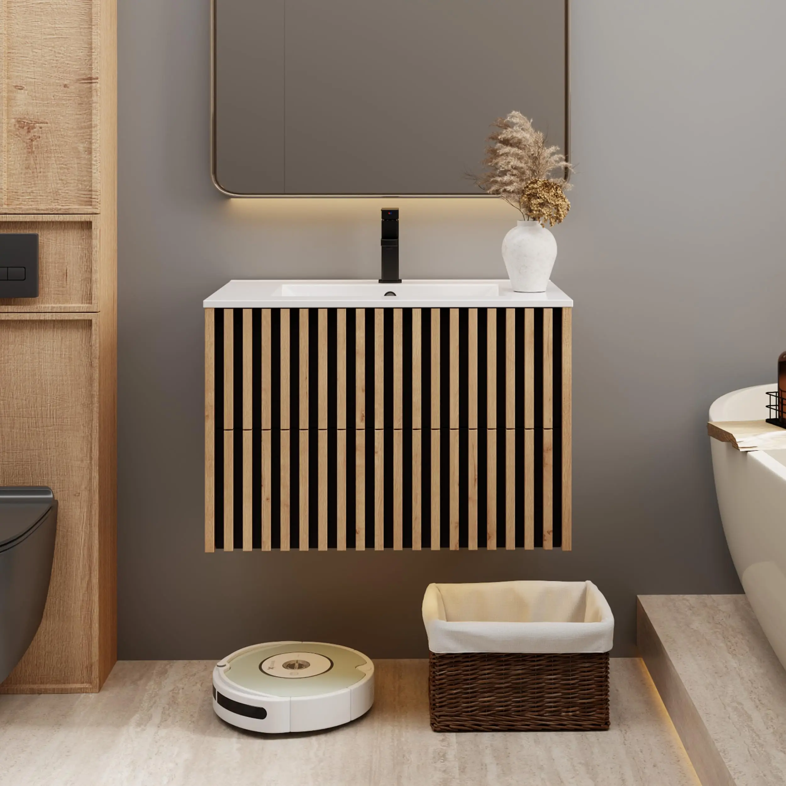 

/24" Modern Wall Mounted Bathroom Vanity Sink Combo 2 Fluted Drawers Undermount Faucet Drain Mixed Natural Stone Dry