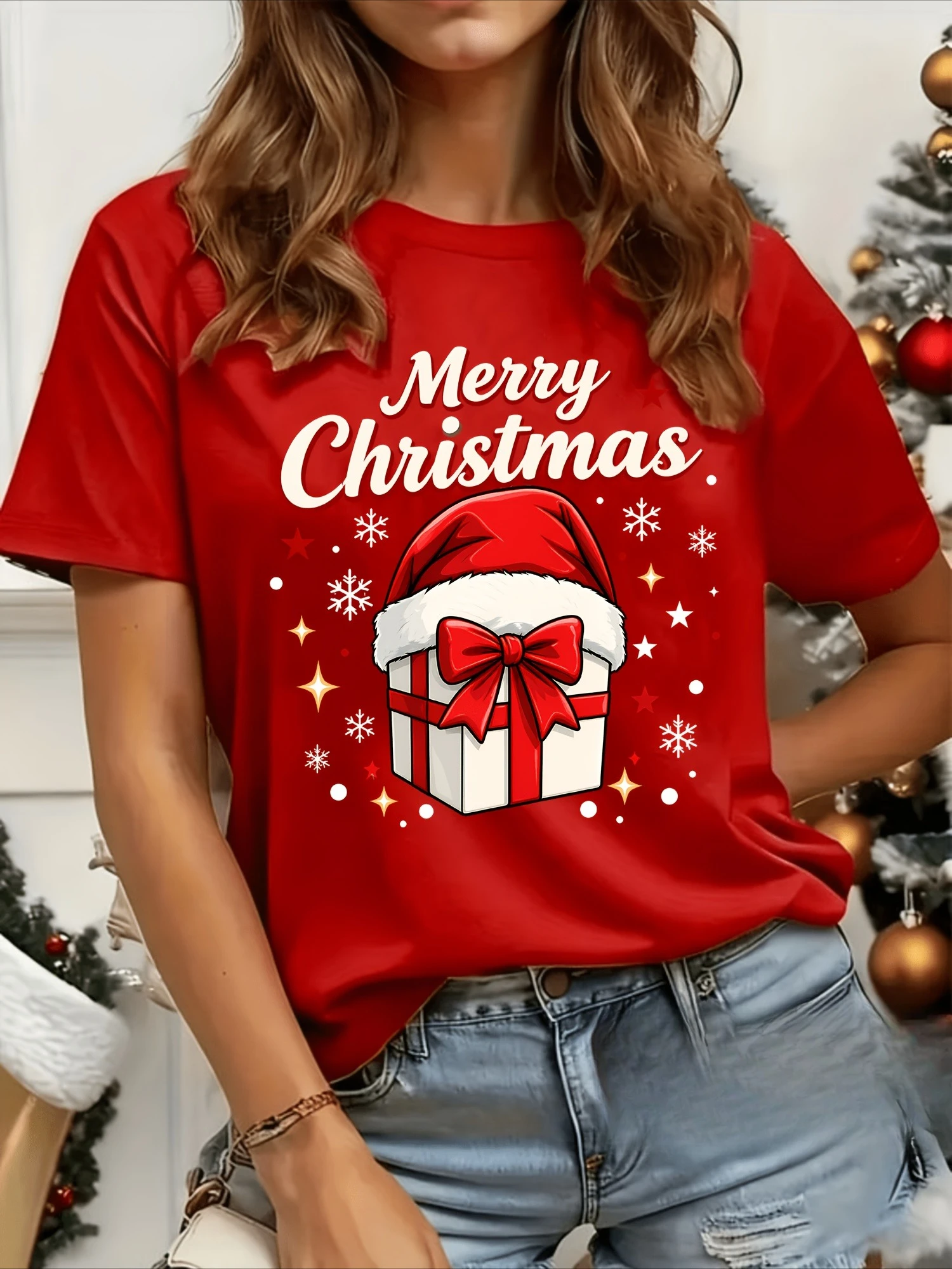 Red Women'S Graphic T-Shirt Christmas Merry Christmas Gift Box Santa Hat Bow Print Casual Top for Xmas Festive Wear