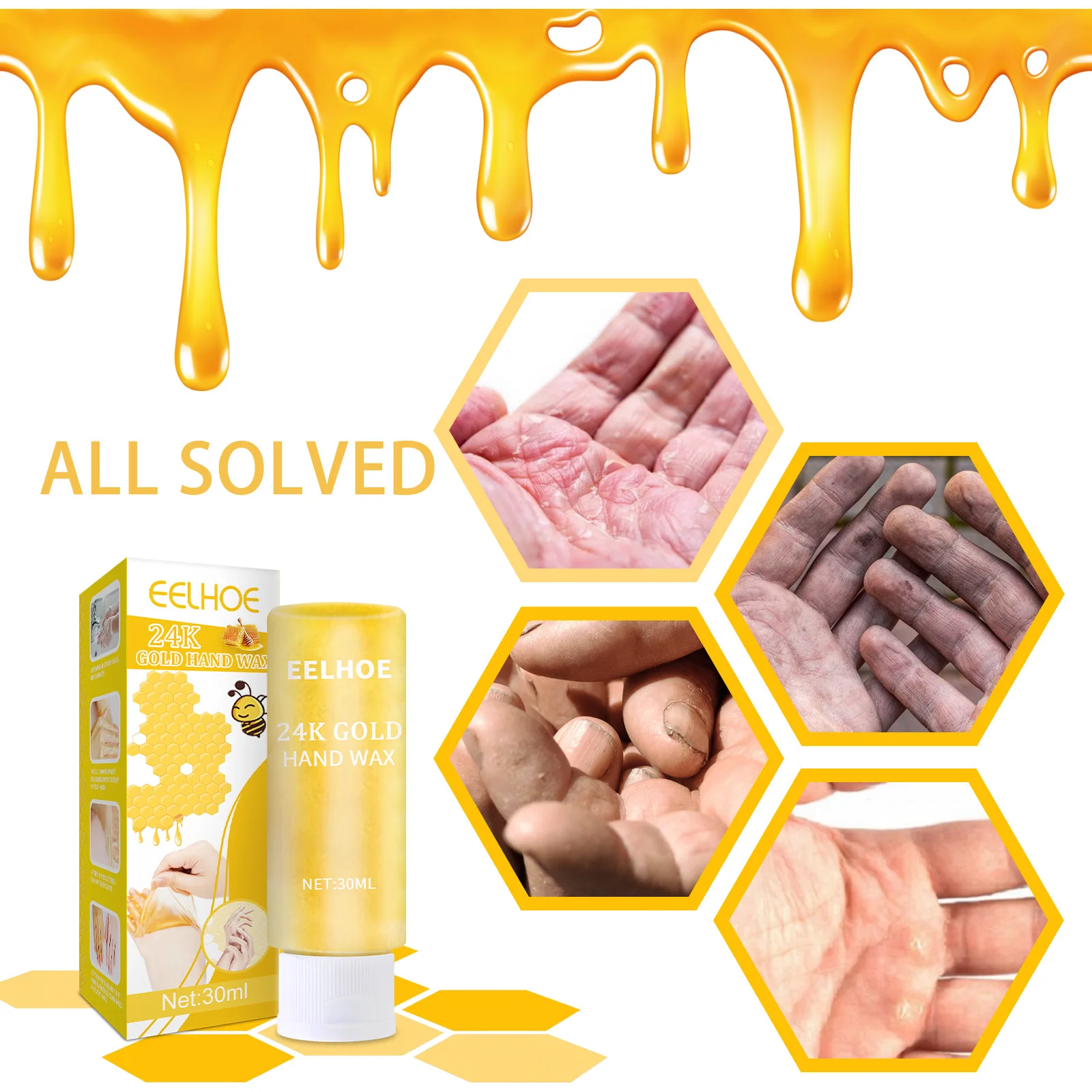 EELHOE 24k Gold Hand Wax Mask Peel off Exfoliator Callus Remover Brightening Skin Lightening Parafin Wax Hand and Feet Care 30ml