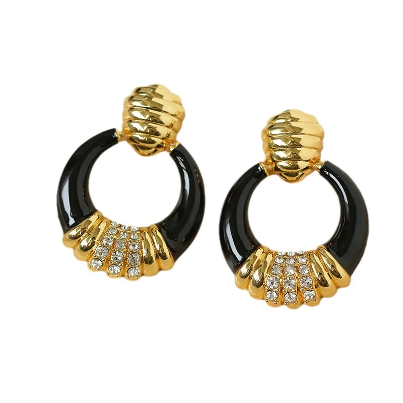 Vintage Designer Diamond Black Agate Ear Hoop Chunky Drop Dangle Earrings For Women Jewelry 18K Gold Plated Modern Enamel Jewel