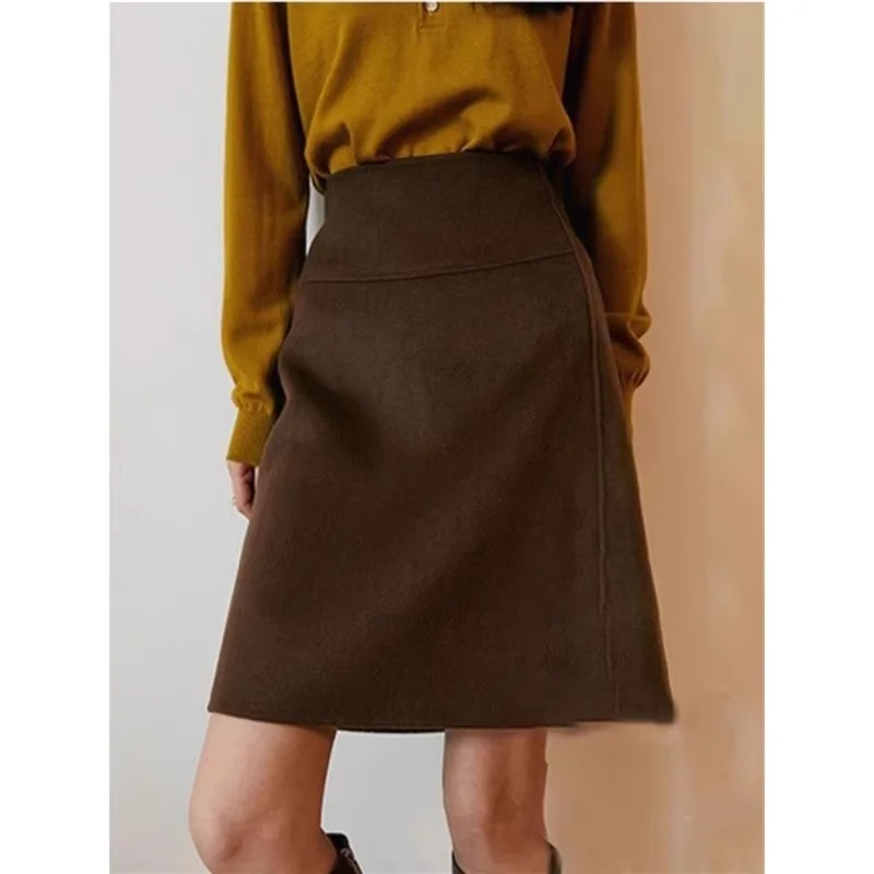 Women's Woolen Skirt Coffee Brown High Waisted Tummy Control Slim Fit A-Line Midi Skirt Winter Fall Fashion w2282