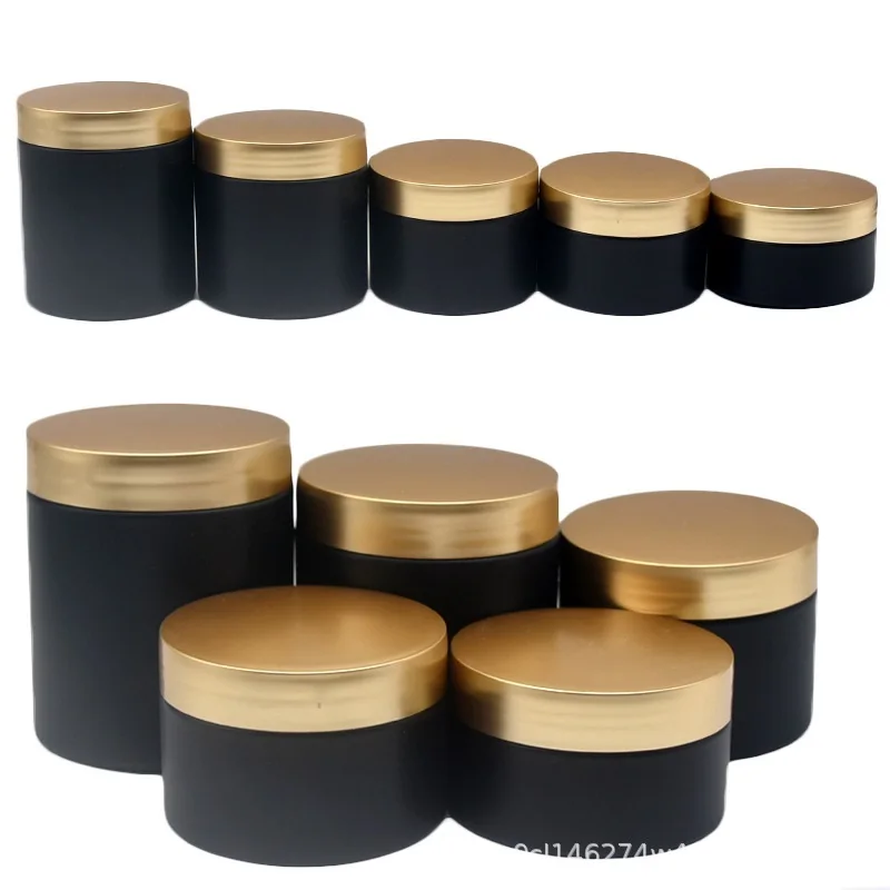 

24Pcs Empty Plastic Frosted Black Cream Jar 100g 120g 150g 200g 250g Matte Gold Lid Packaging Cosmetic Container Portable Pots