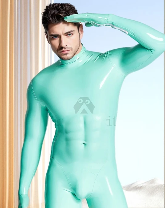 latex catsuits men eurocat suits  latex leotard rubber fetish customised   Male Mitten-Sleeved Neck Entry Short Catsuit