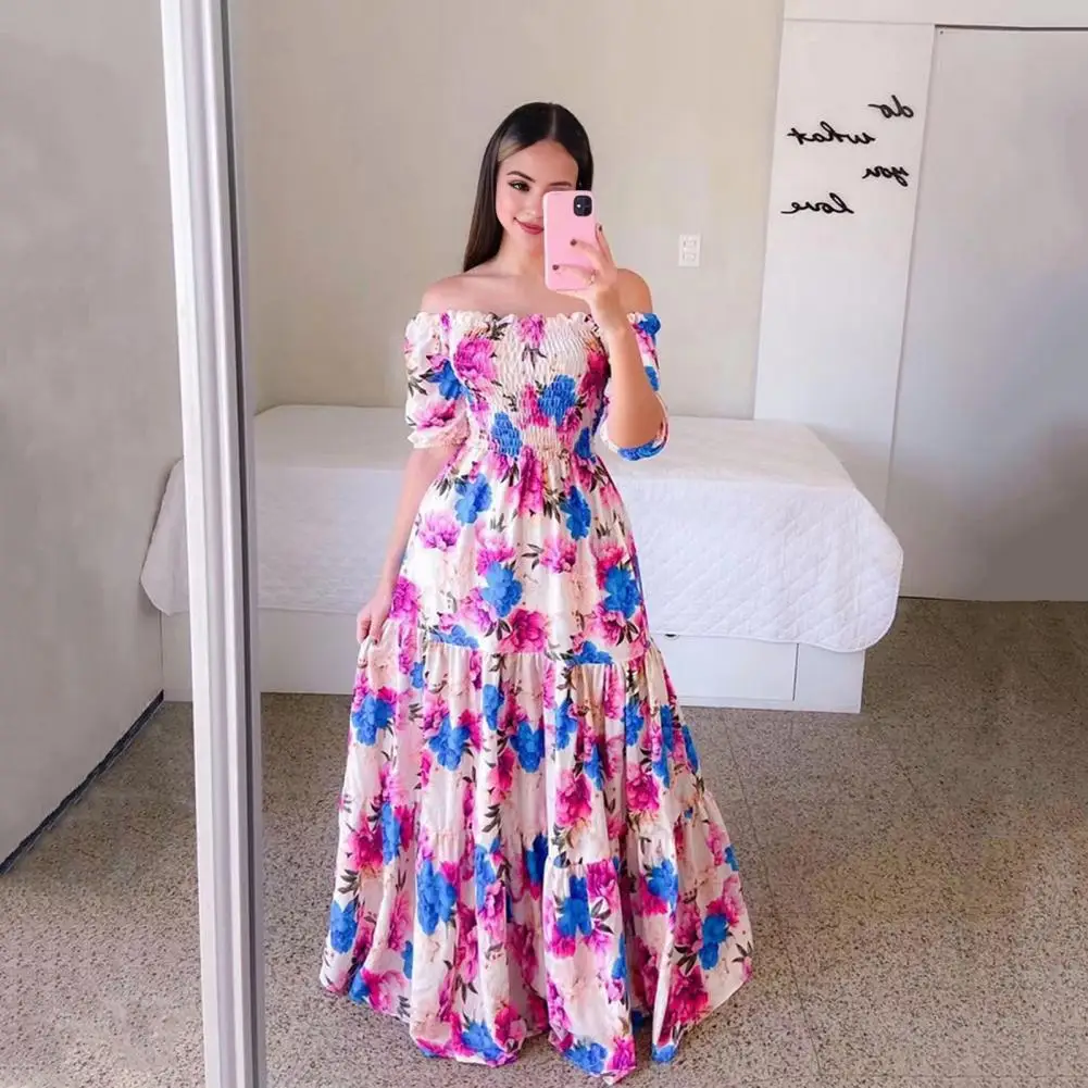 

A-line Maxi Dress Elegant Floral Print Off Shoulder Evening Gown with Pleated A-line Skirt Backless Detail Women's Floor Length