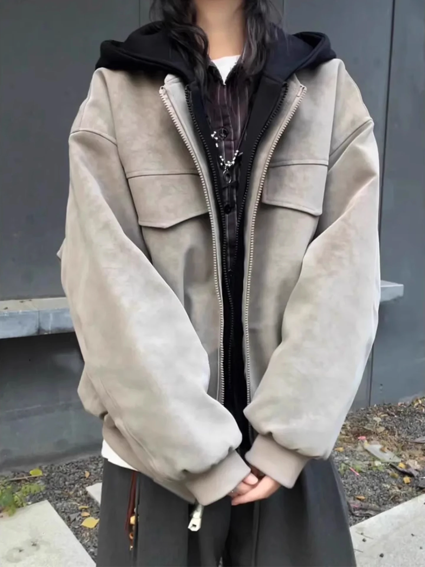 미국 스타일 염색 PU 가죽 작업복 재킷 후드가 달린 따뜻한 면 코트 남녀 겨울용 고급