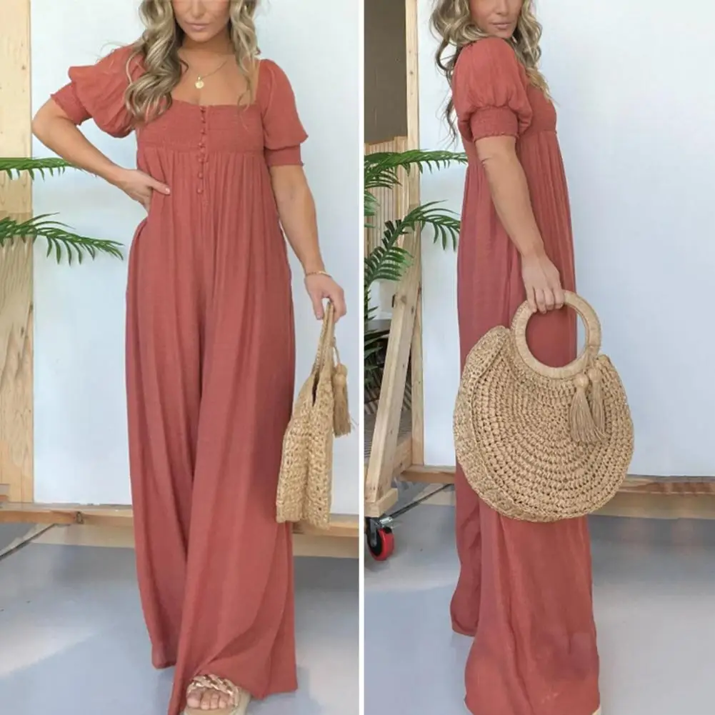 

Women Lantern Sleeve Jumpsuit Elegant Square Neck Wide Leg Jumpsuit for Women Soft Floor Length Vacation Jumpsuit with Lantern