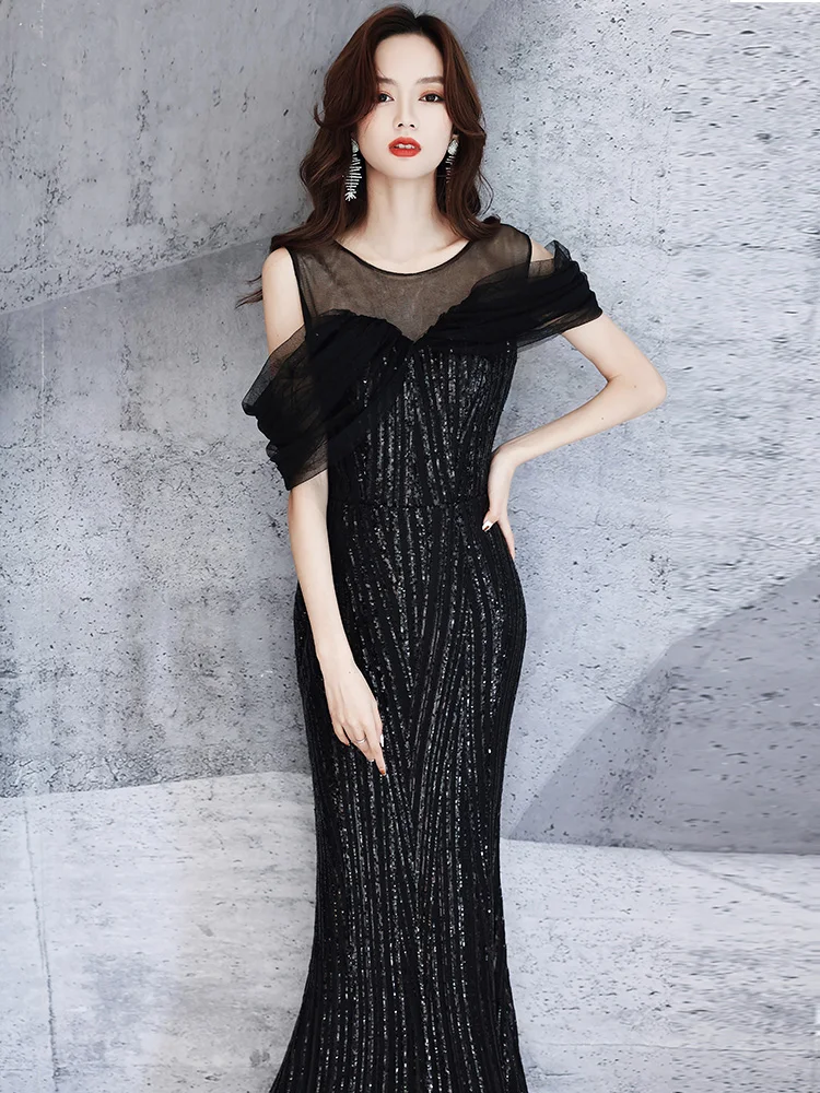 

Ele Sexy Bla Long Evening Gown Women's Faionable New Year's Par Dr Korean Sle mid Waist Zipper ort Sve