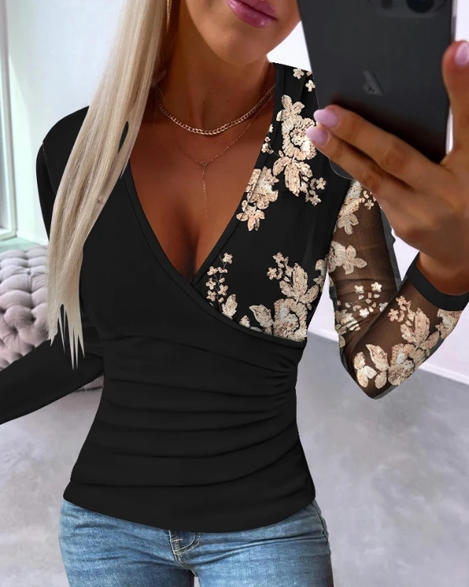 

Women Fashion Sequin Floral Sheer Mesh Patch Top New Female Casual Clothing Woman's Elegant Skinny Long Sleeve Blouses
