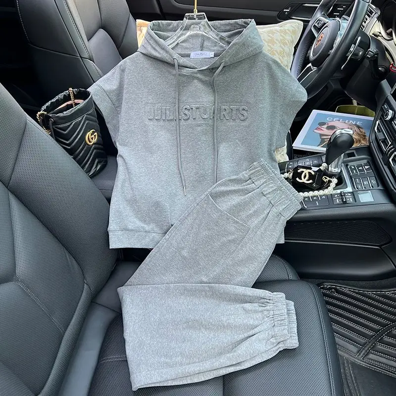 

Large Size 300 Pou Hooded Svel T-irt And Cuffed Casual Pants Two-Piece Set for Men And Women Summer Faion Sports...