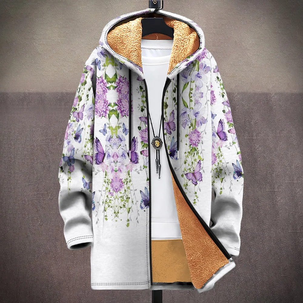 Men Cardigans Coats Flowers Sea Pattern Art Graphics Printed Plush Thick Winter Casual Streetwear Unisex Women Clothing