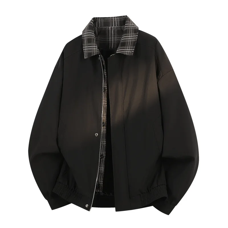 Men's Jacket Spring Autumn Bomber Jacket False Two-piece Coat Grid Patchwork Lapel Motorcycle Streetwear Oversized Outerwear