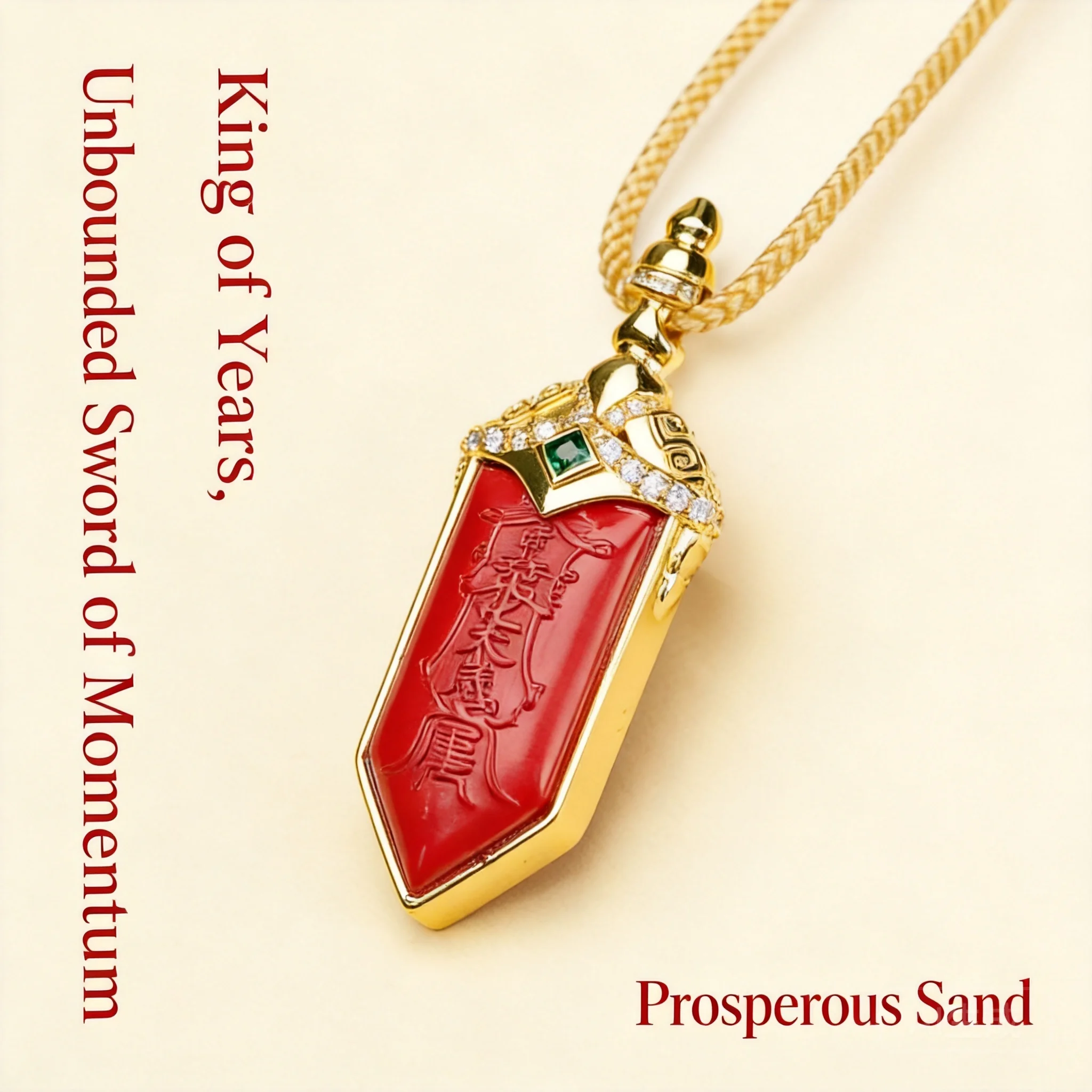 Chinese Style Good Luck Cinnabar Pendant Necklace Gold Plated Auspicious Sword Design Blessing Fortune Lucky Amulet For Men Wome