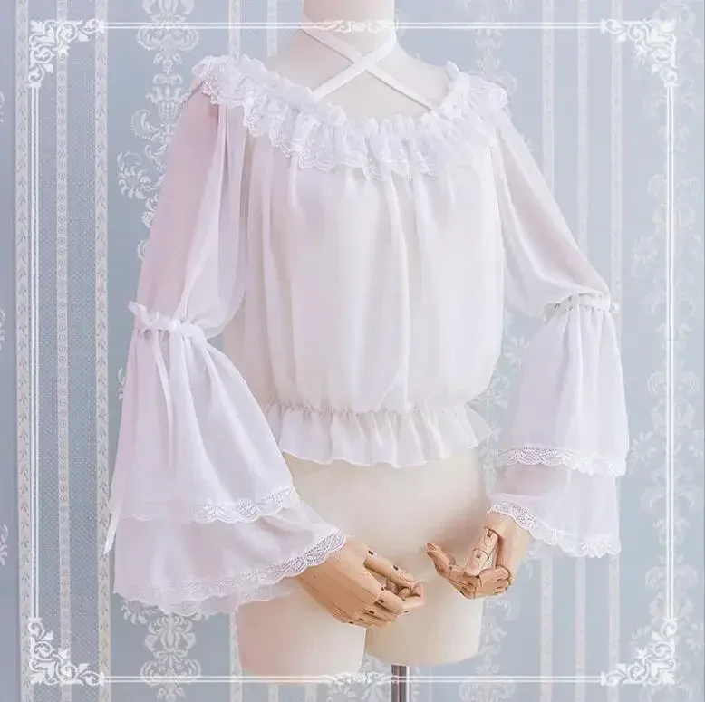 

Japanese Sweet Cute Lolita Flare Sleeve Bow Shirts Women Y2k Aesthetic Lace Patchwork Blouse Kawaii Girl Loose Blusas Mujer Tops