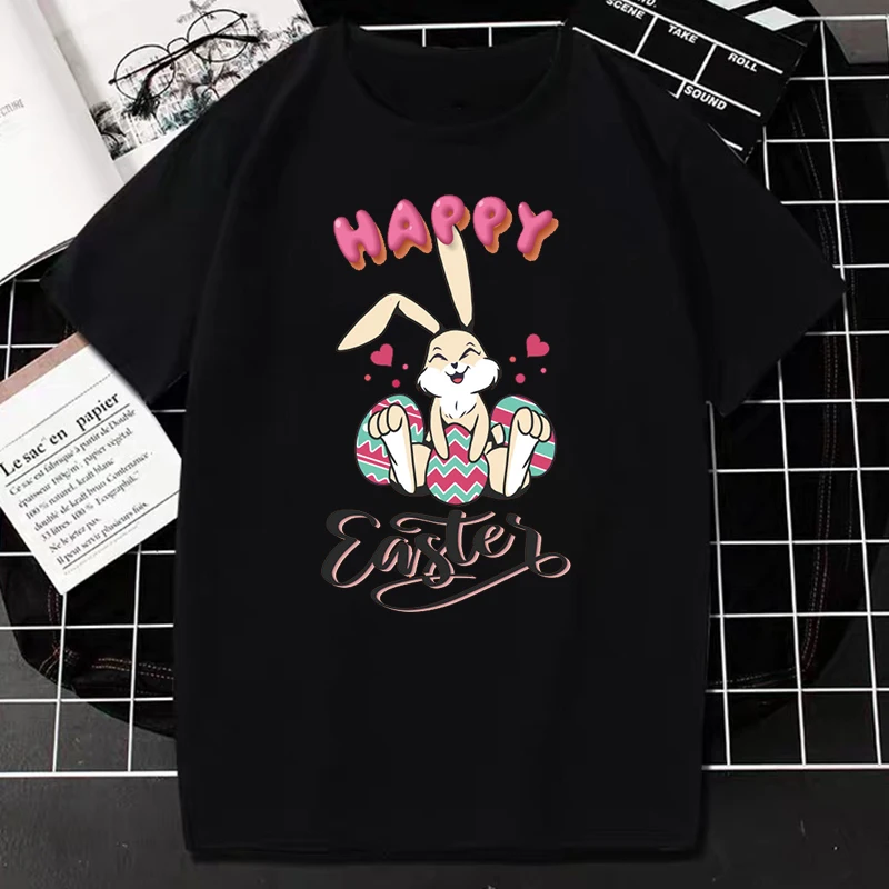 Happy Easter Women TShirt Kawaii Easter Day Bunny Eggs Print Lady Tops Casual Oversized Short-sleev Tees Female Easter Gift Tee